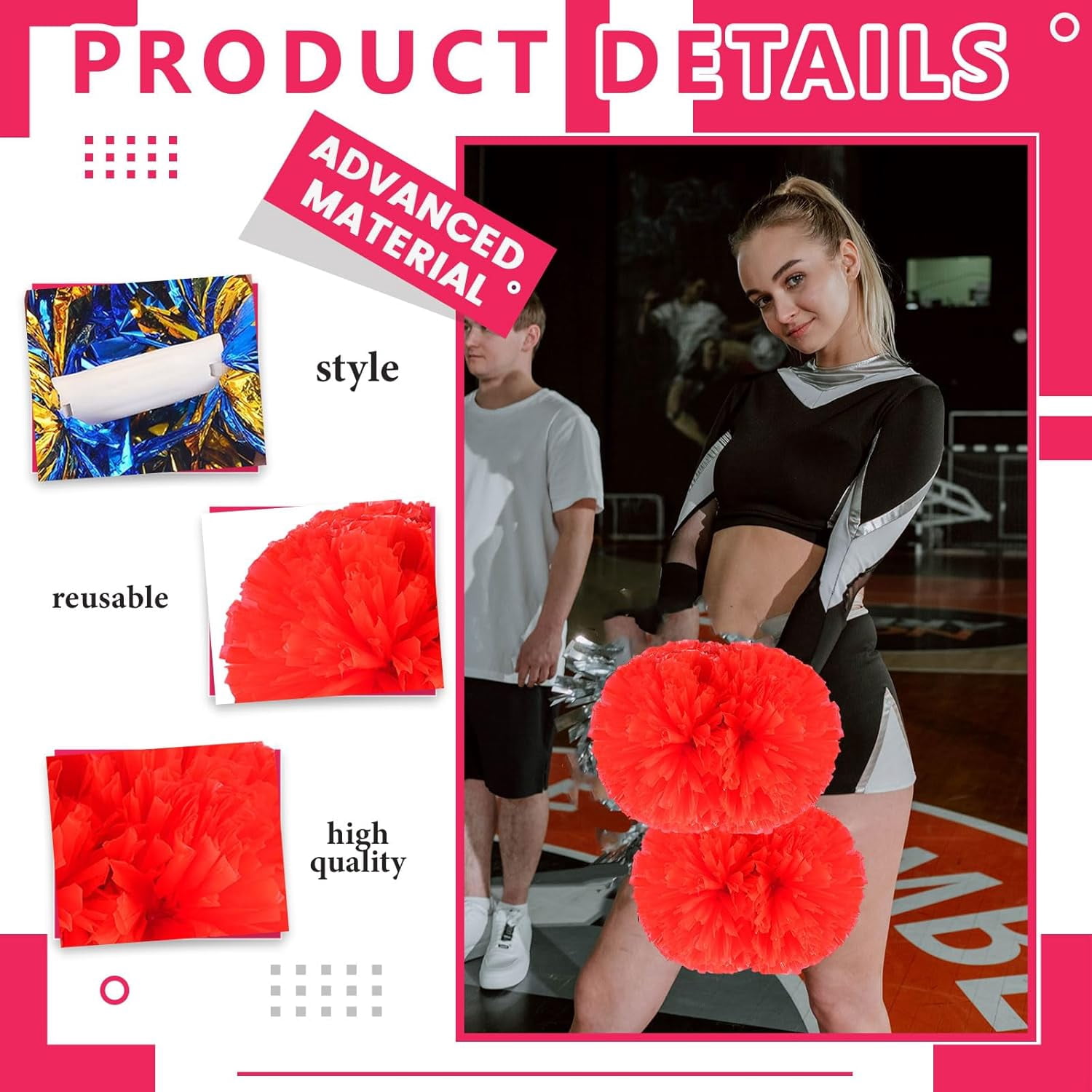 WE 8PcsMetallic Cheerleading Pom Poms, Cheerleader Pom Poms Sports Dance Cheer Plastic Pom Poms Cheerleading for Sports Team Spirit Cheering