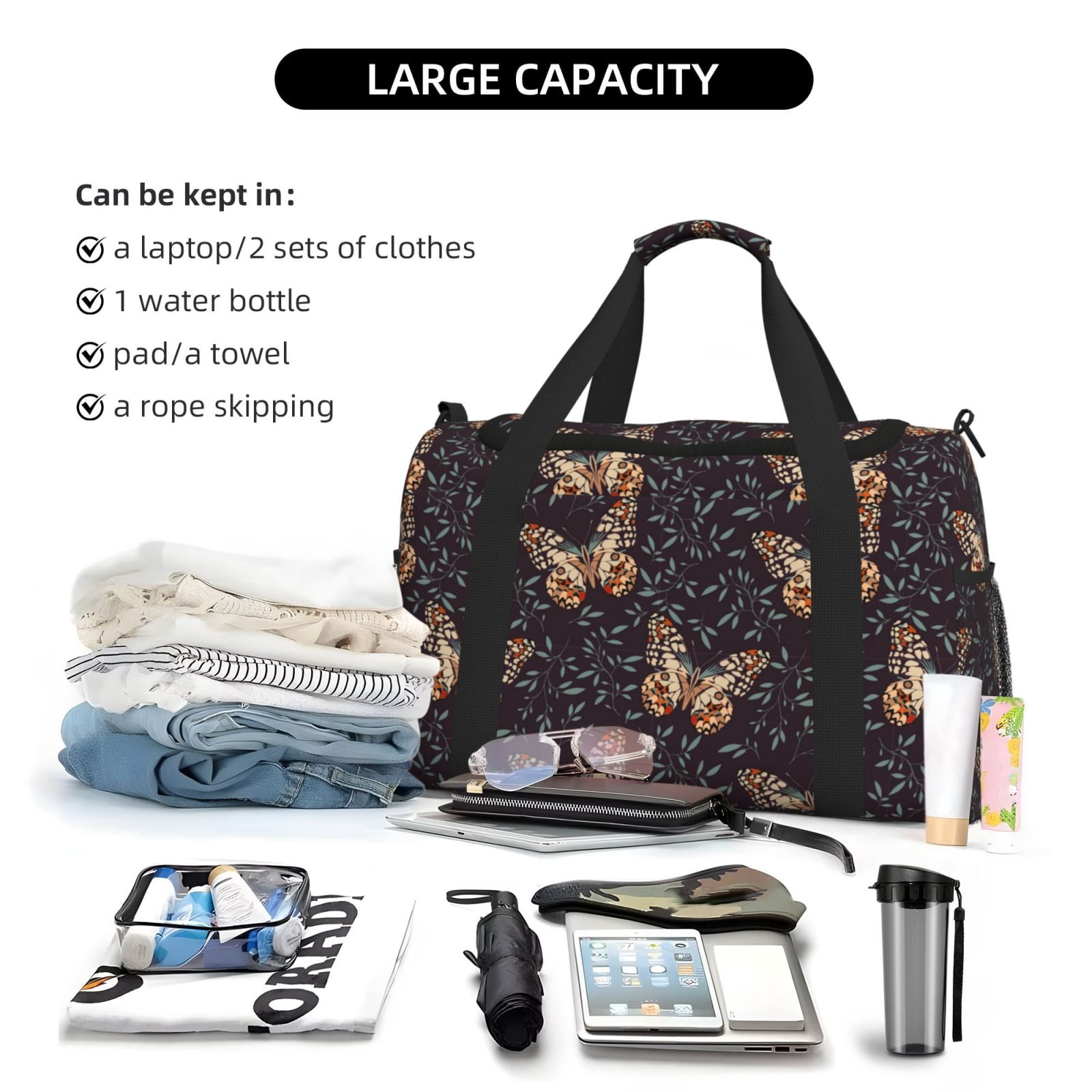 Fuzoiu Butterfly1 Print Travel Duffle Bag,Carry On Tote Bags,Duffel Bag,Sport Gym Bag, Hospital Bag for Labor and Delivery, Overnight Bag,Luggage Bag