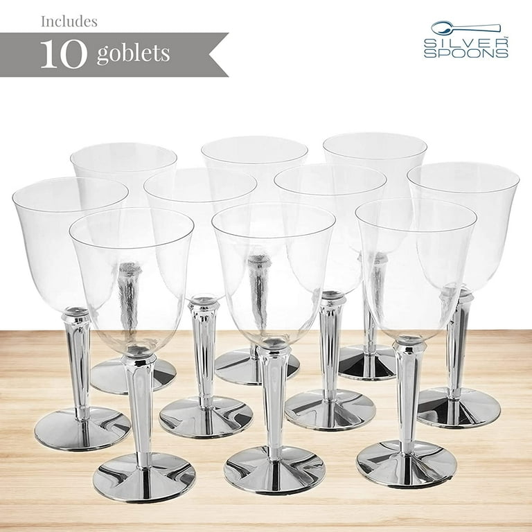 BAROQUE DISPOSABLE PLASTIC WINE GLASSES Reusable Wine Cups for Upscale Wedding and Dining Silver Stemmed 10 Goblets