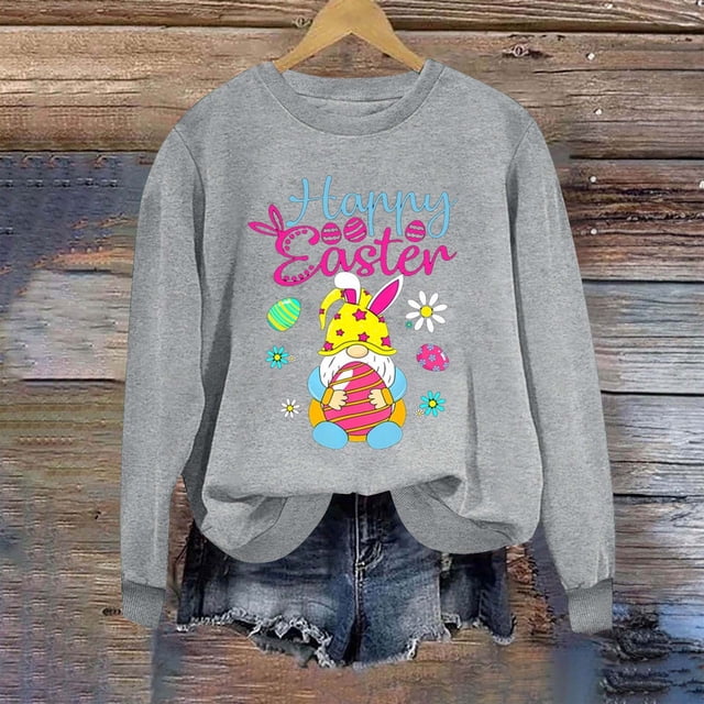 Jsaierl Chandails de Pâques pour Femmes Tendance Imprimé Graphique Lapin Pulls Décontractés Manches Longues Col Rond