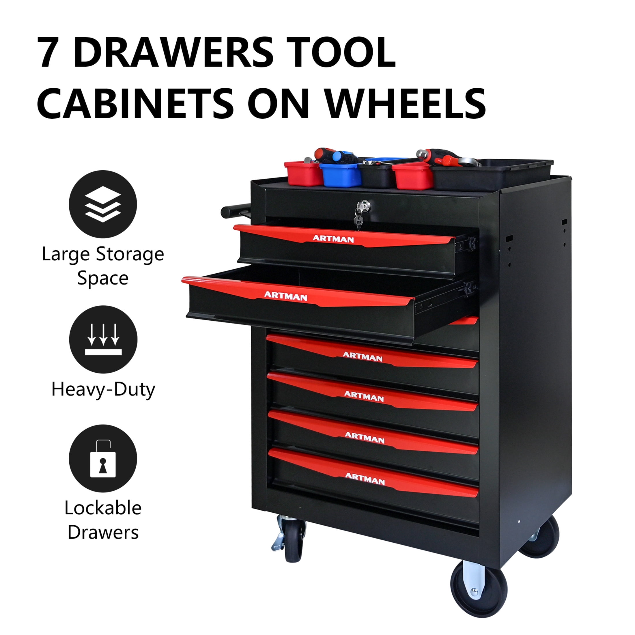 Noble House 7-Drawer Mobile Steel Tool Organizer with Key Lock, Ball Bearing Slide Storage Cabinet Box, Black