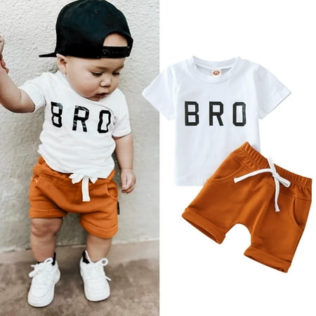 

HUANBAI Boys Clothes Summer Short Sleeve Letter T-shirt Tops Elastic Solid Shorts 0-24 Months Casual Outfits Set