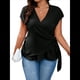 thumbnail image 1 of Blusa de Mujer de Talla Grande con Textura Arrugada, Cruzada, Anudada A los Lados, Corta, para Uso Diario. Negro XXL, 1 of 9