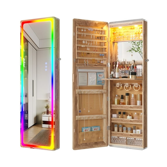 HNEBC LED Mirror Jewelry Cabinet with RGB Lights,47.2" Wall Mounted Jewelry Organizer with Full-Length Mirror, Hanging Jewelry Armoire Storage Cabinet,Folding Dresser,2 Drawers,Lockable,Wood