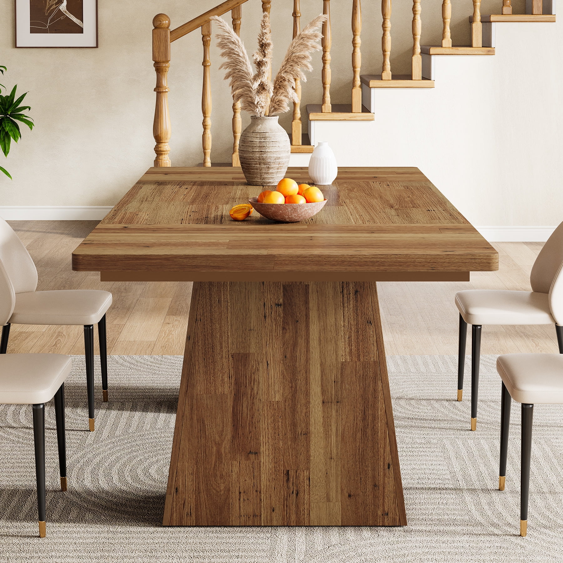 Finmind 63-inch Farmhouse Dining Table for 4-6 People, Modern Wooden Rectangular Kitchen Table for Dining Room, Light Brown