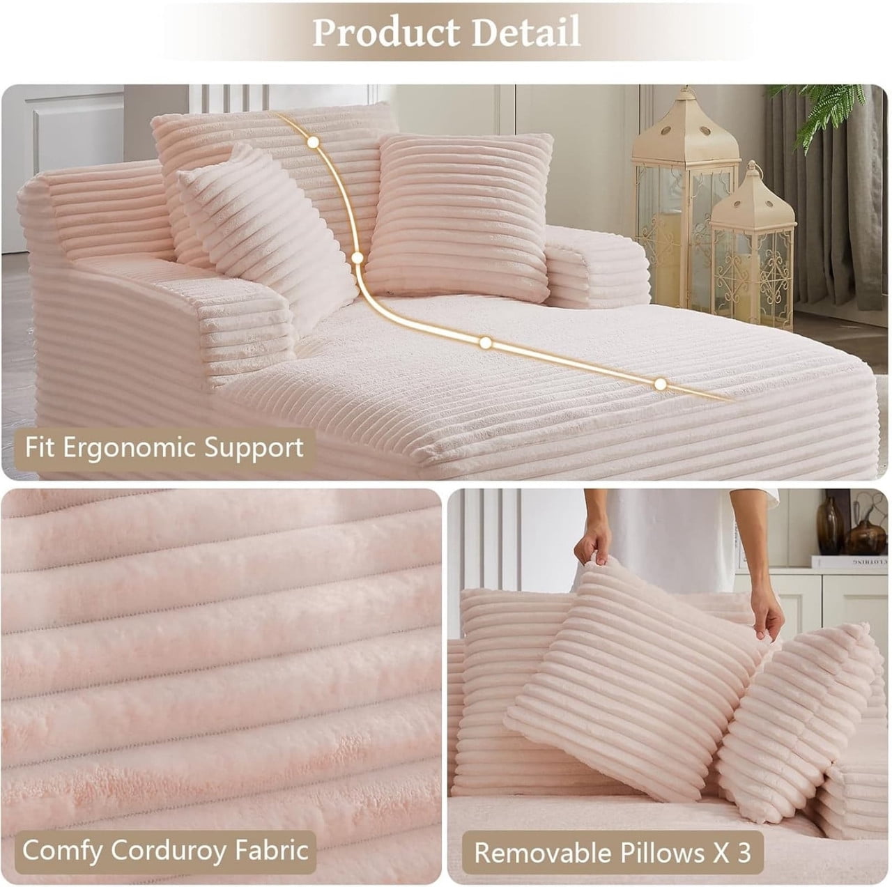 Oversized Chaise Lounge Chair Indoor, Upholstered Sofa Bed Sleeper Sofa Corduroy Cloud Couch Boneless Sofa Reading Chair with 3 Pillows for Living Room, 49.2''x66.1''