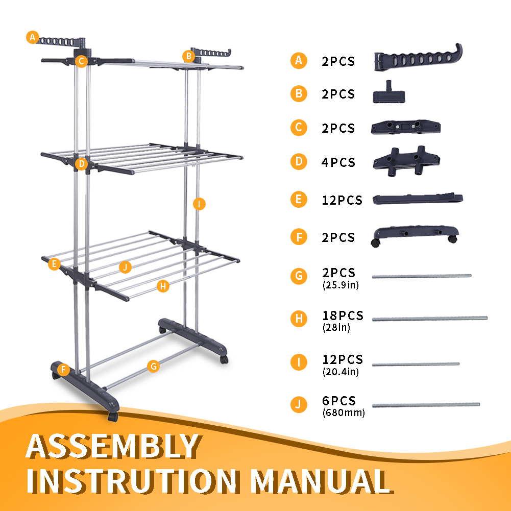 4-Tier Clothes Drying Rack w/ Casters,  Clothes Dryer Hanger Stainless Steel Garment Laundry Racks Movable with Foldable  Indoor Outdoor Bedroom Balcony