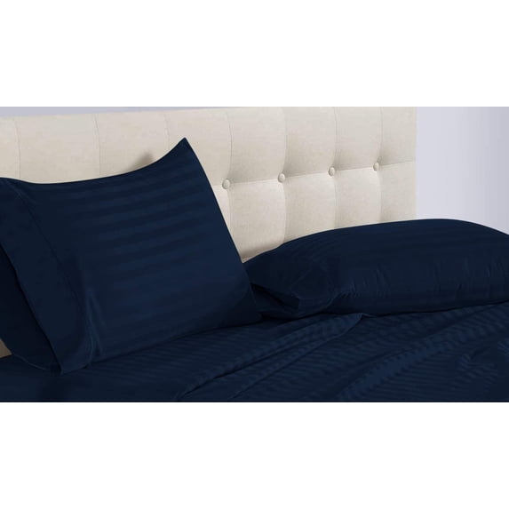 True Luxury Pure Heavy Rich Pima Cotton 4-Piece Bed Sheets Set King Size Fits mattresses Upto 16-20” deep Pocket – Sateen Weave (Stripe, Navy Blue)