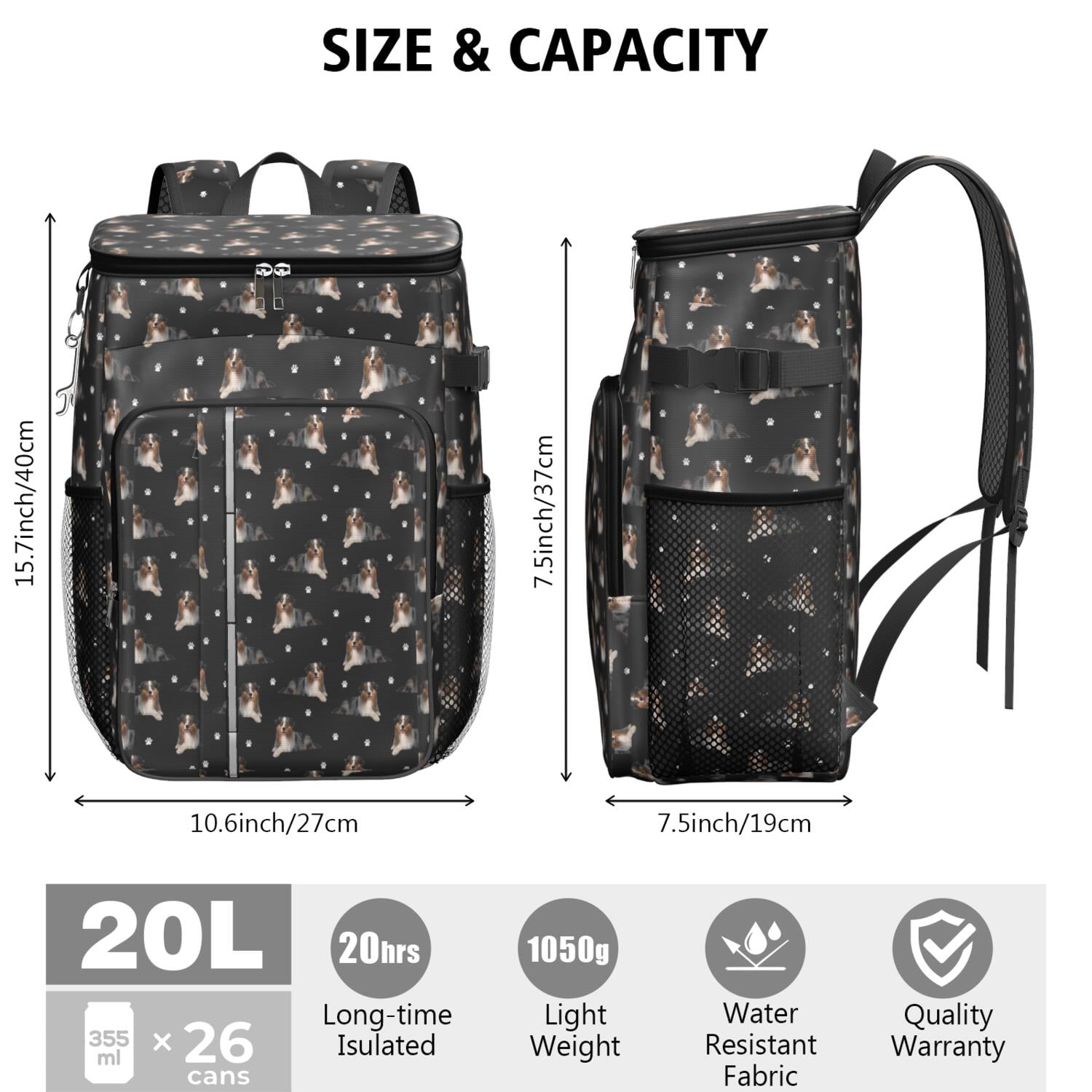 Travel Cooler Bag - Australian Shepherd Dog and Footprints Camping Beer Cooler Backpack with Bottle Opener- Waterproof Insulated Picnic Backpacks - Cooler Bag for Beach