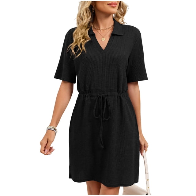 Camisetas de Manga Corta Casual de las Mujeres Color Sólido Cuello Turndown Casa Pijamas Cortos para Noches Especiales