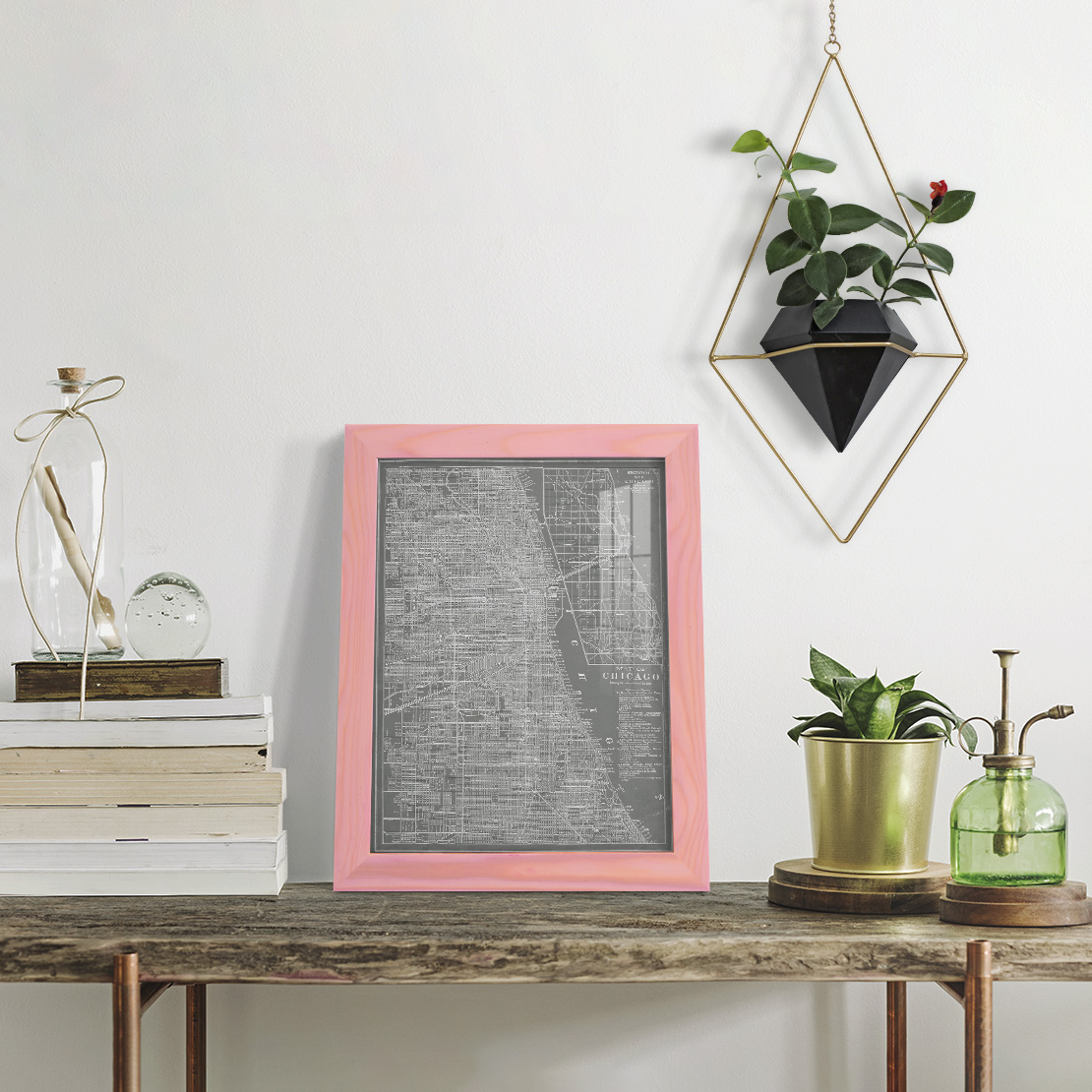 City Map of Chicago -Framed Print w/glass-Sunset Pink