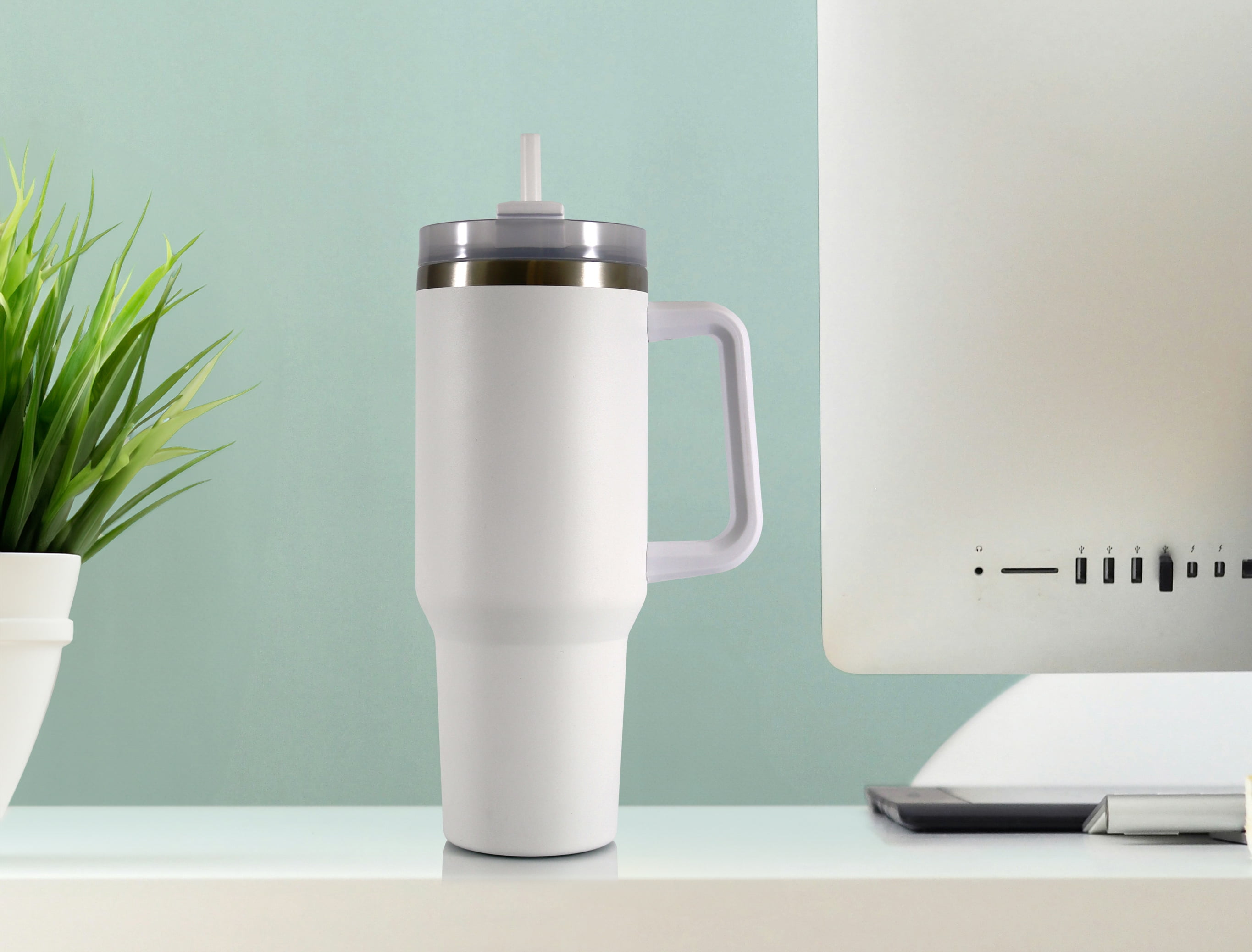 (2 pack) Mainstays 40 oz Stainless Steel Tumbler with Straw and Handle, Double Wall Insulated, White