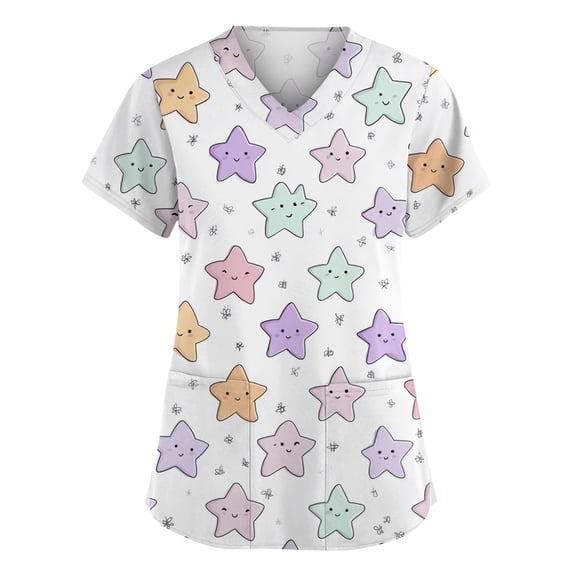 Cartoon Printed Scrubs For Women Vneck Medical Scrub Tops Short Sleeve Stretch Nurse Uniform Fashion Scrub Tops With Pocket Beige L