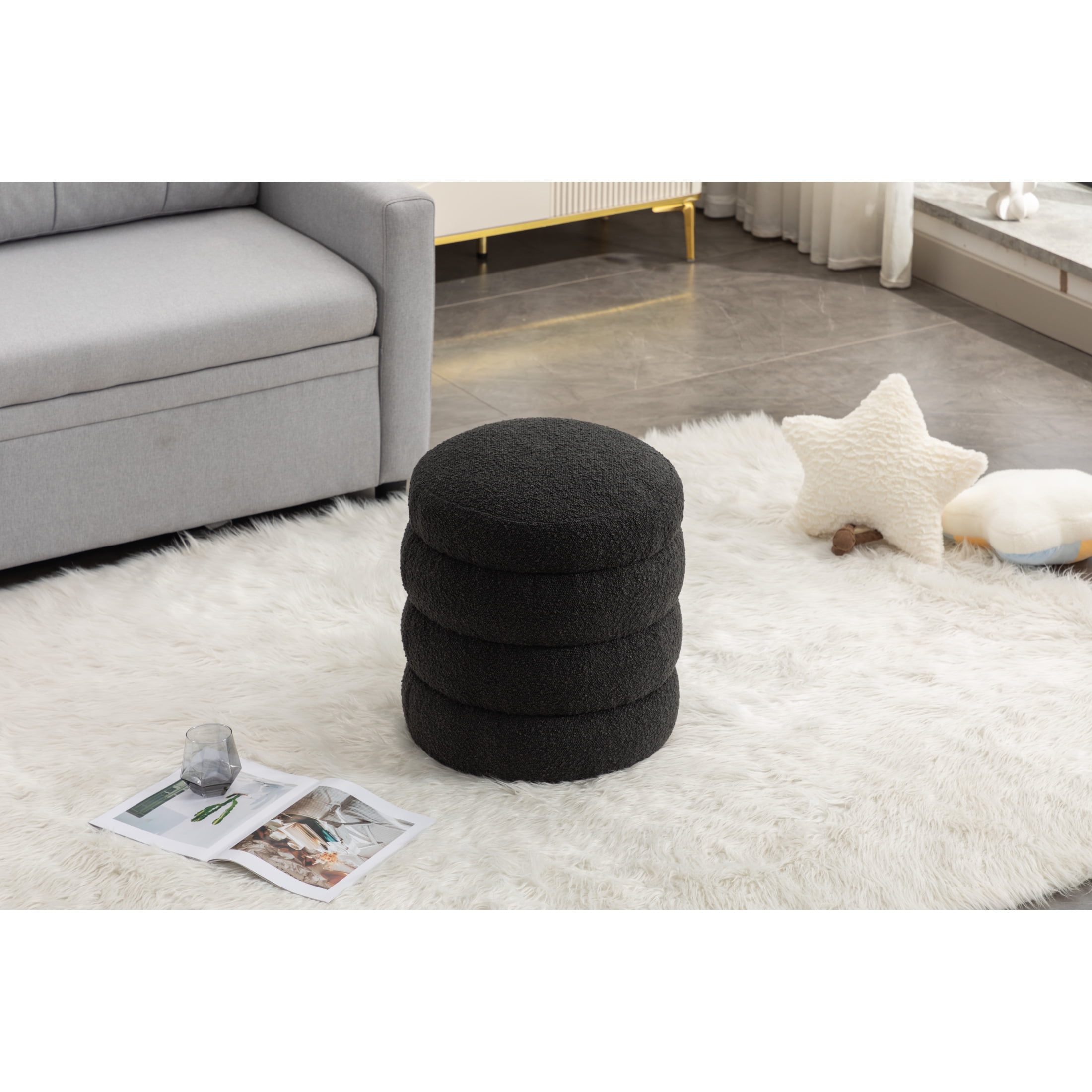 Noble House Blaise Boucle Upholstered Round Ottoman, Footstool with Wooden Frame, for Living Room, Bedroom, Black