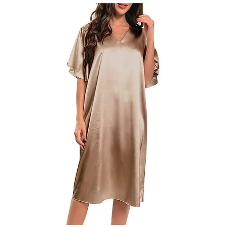 Tumotour Satin Silk Nightgowns For Women Long Dress Casual Pajamas Loungewear Short Sleeve Nightgown Solid Color Sleepwear Chemise Lingerie Dress Sleepwear Nightshirt