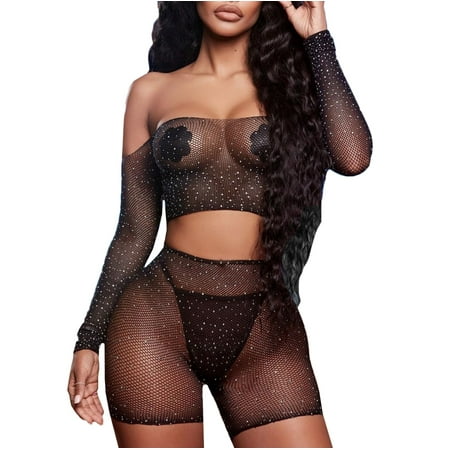 

Underwear Women New Sexy Mesh Lace Women Sheer Rhinestone Top shorts Fishnet Lingerie Set Underwear