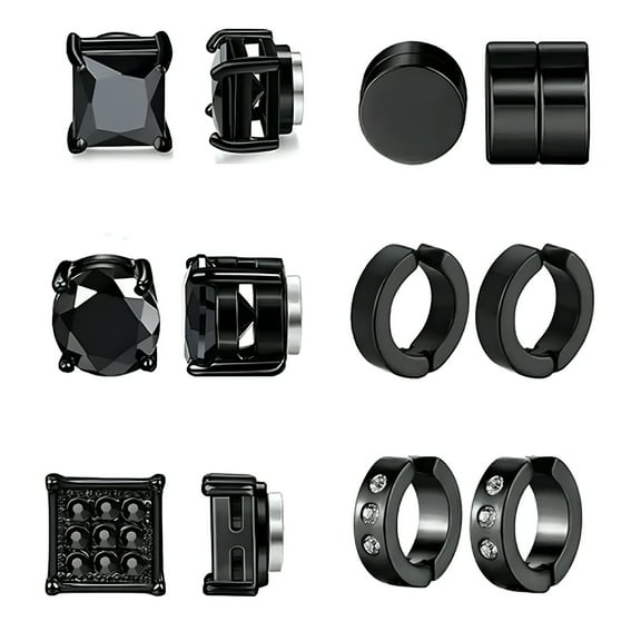 DESIGNICE 6 Pair Magnetic Stud Earrings for Men Women Stainless Steel Non Pierced Fake Set - Black 8mm