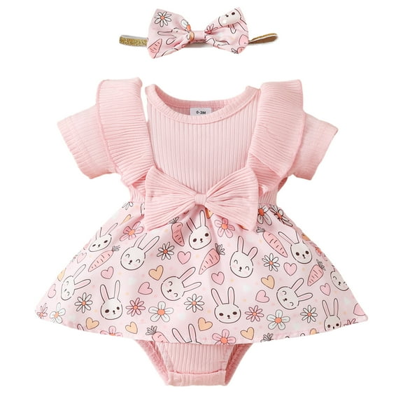 Atogsazn Infant Baby Girls Easter Romper Bunny Sleeveless Bodysuit Tutu Dress Summer Short Onesie Crawl Suit Pink 6M on Clearance
