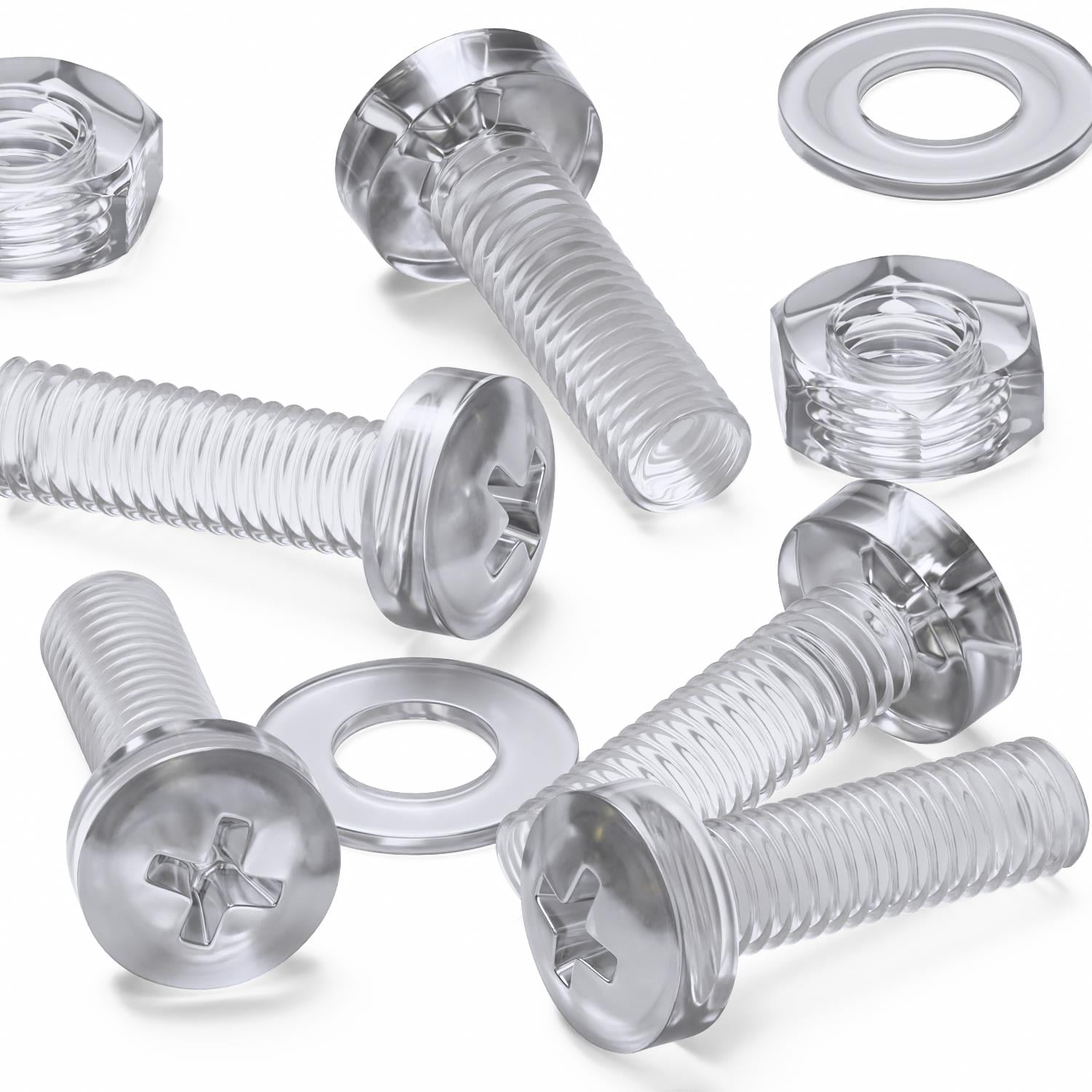 60 x Transparent Clear Plastic Acrylic, Pan Head, M3 x 10mm Nuts & Bolts, Washers -Acrylic Plastic Screws, (1/8 x 25/64 in)