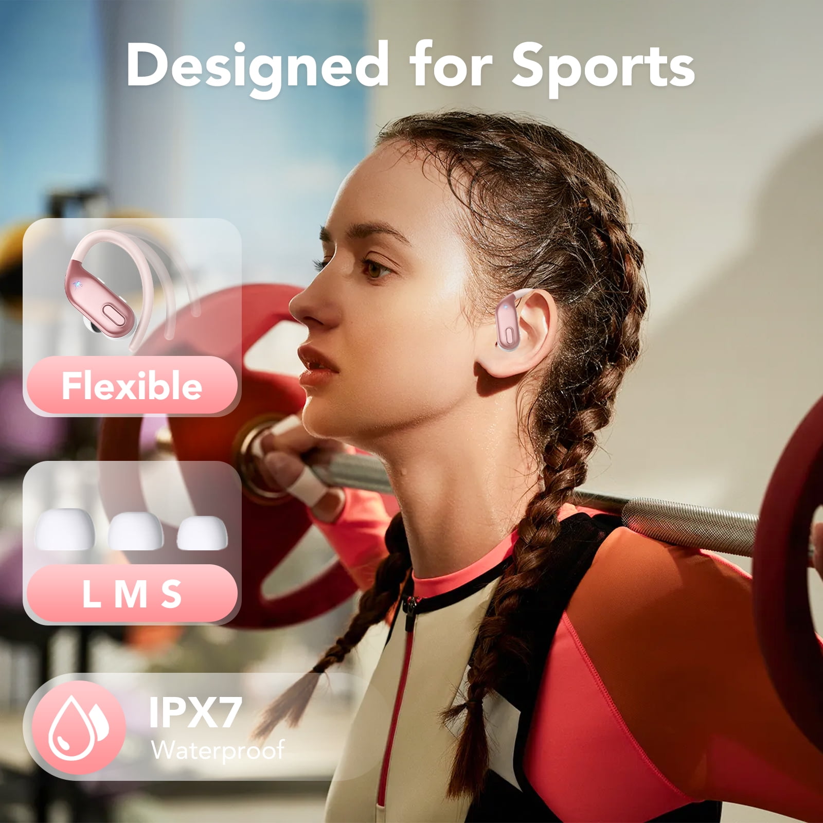 Wireless Earbuds, Bluetooth 5.3 Sport Headphones with Earhooks, 80Hrs Playtime, 3D HiFi Stereo, Noise Cancelling Mic, IP7 Waterproof Workout Earphones for Running Gym, iOS/Android, Rose Pink