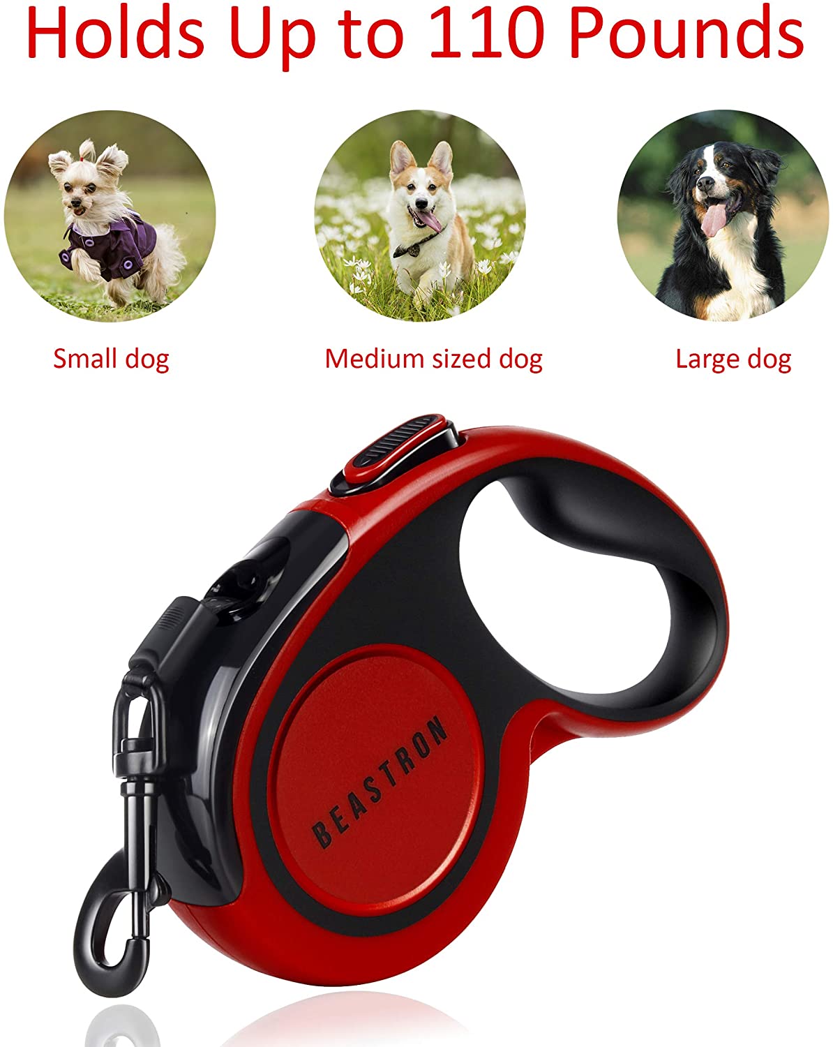 Beastron (Upgraded) Heavy Duty Retractable Dog Leash, 16" Extra Long Tangle-Free Reflective Nylon, Medium to Large Dogs up to 110lbs, One Button Lock/Unlock, Waste Bags and Dispenser Included (Red)
