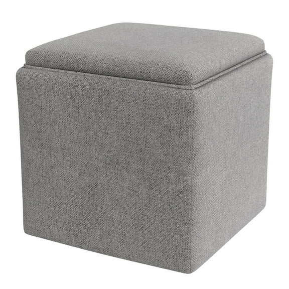 Soa Storage Accent Ottoman, 18 Inch Square Tray Top, Gray Woven Fabric