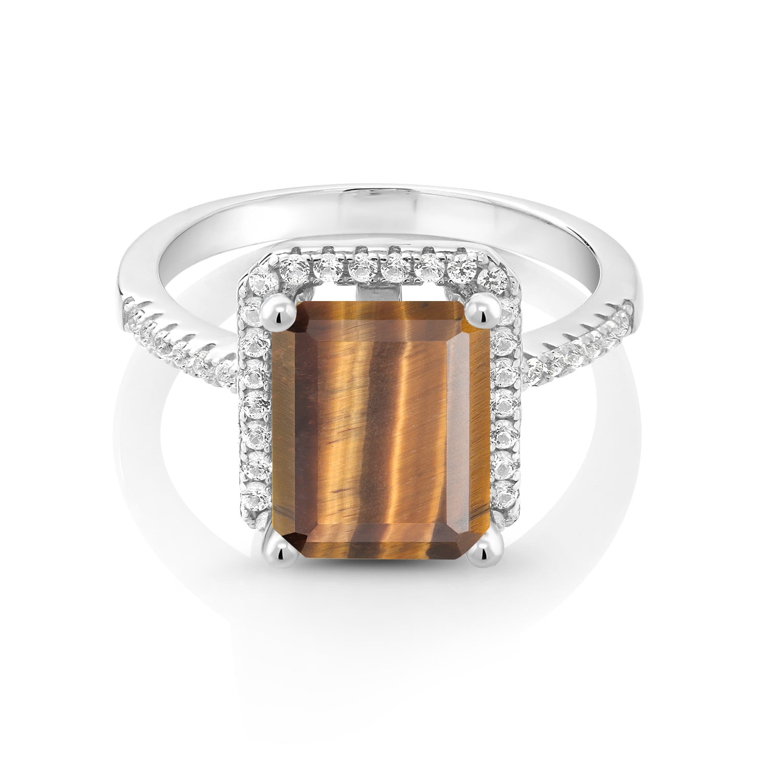 Gem Stone King 925 Sterling Silver Brown Tiger Eye Engagement Ring for Women (3.36 Cttw, Emerald Cut 10X8MM, Gemstone Birthstone, Size 7)