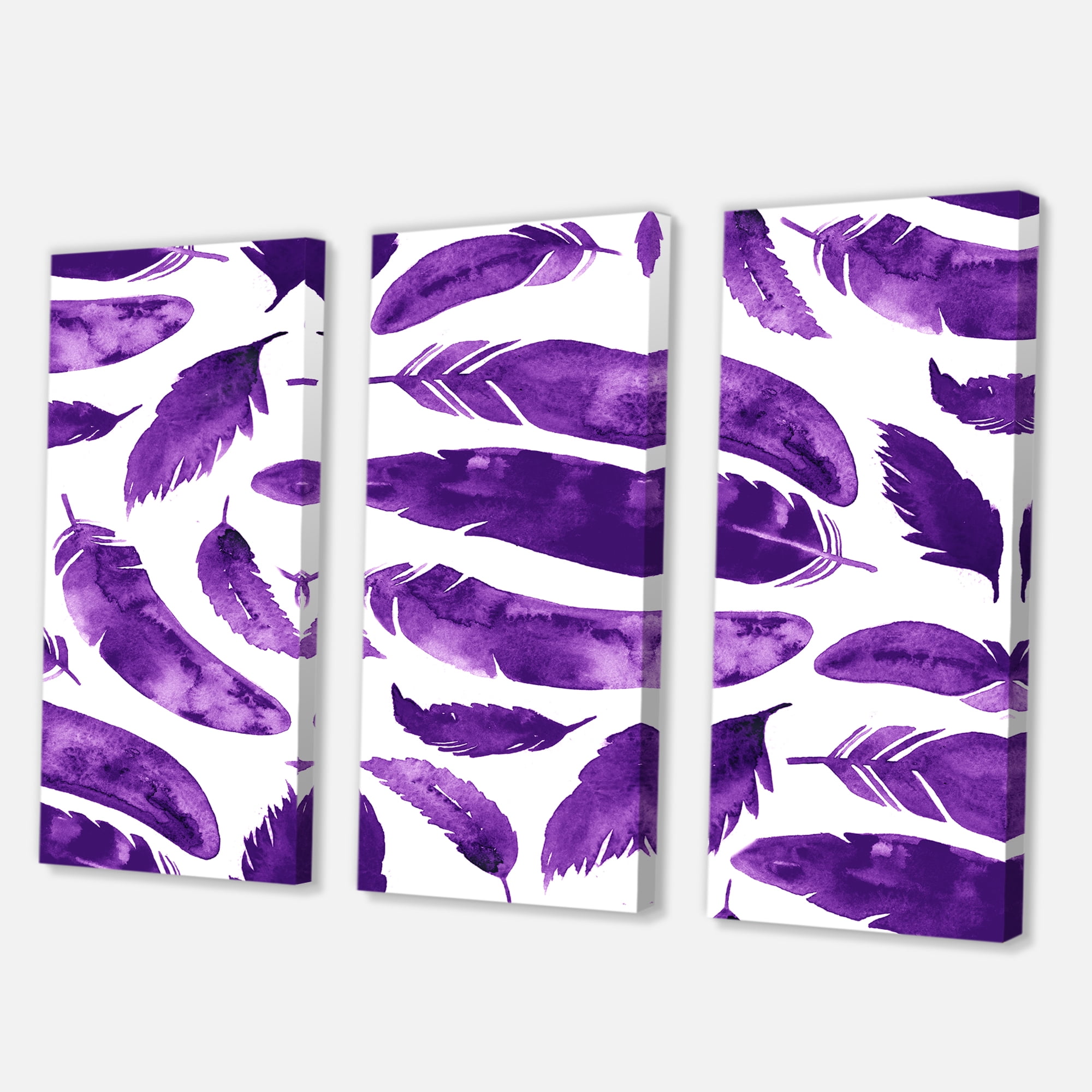 Designart ' Ethnic VIolet Feathers On White ' Bohemian & Eclectic Canvas Wall Art Print