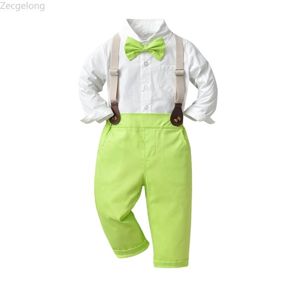 Zecgelong Toddler Boys Long Sleeve Solid T Shirt Tops Suspenders Pants Child Kids Gentleman Outfits Boys Formal Sets Long Sleeve for Boys 18-24 Months
