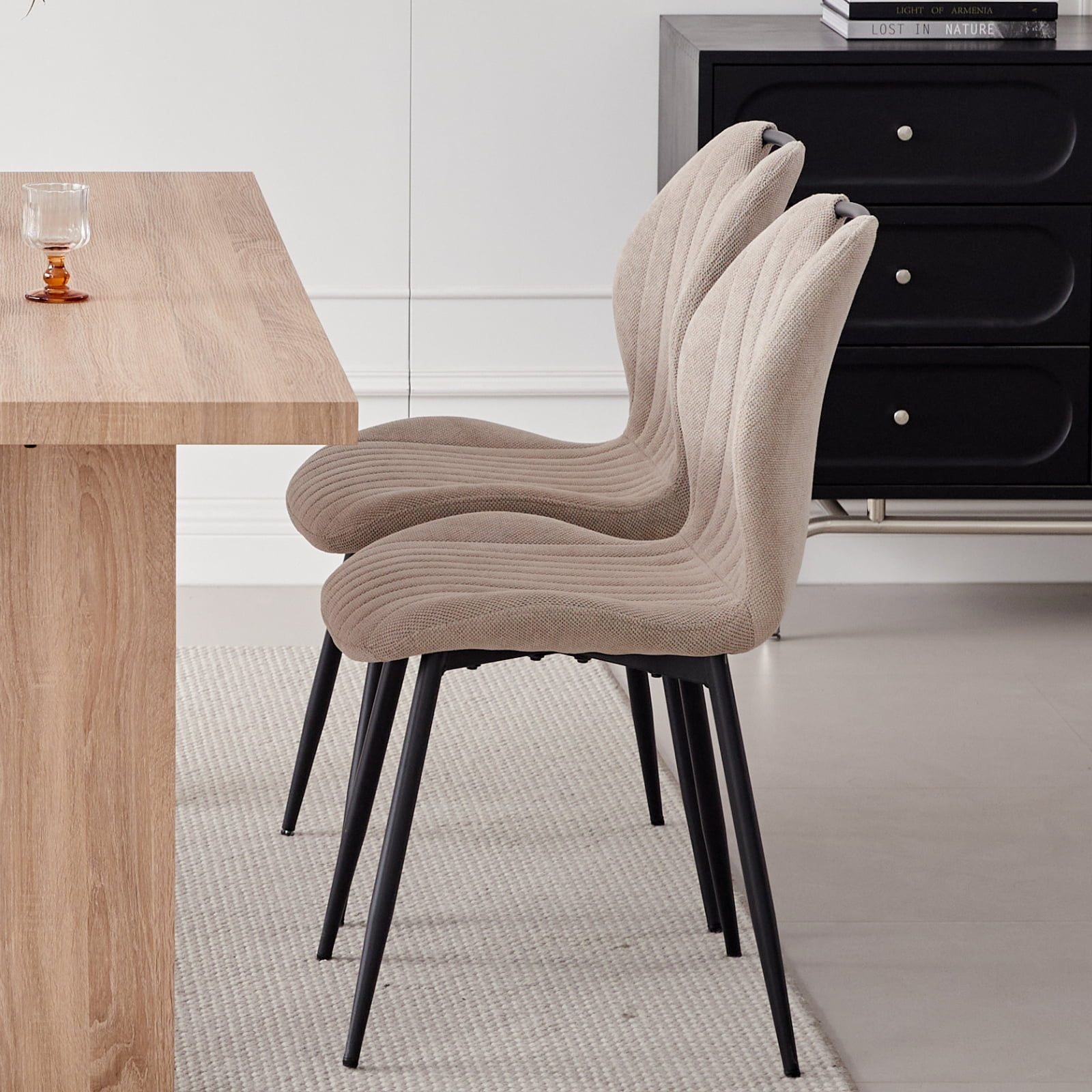 Dining Chairs Set of 4, Modern Upholstered Kitchen Chair for Living Room, Fabric Wingback Side Chairs with Metal Legs, Khaki