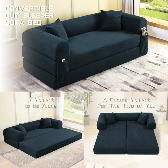 VFD Compression Sofa - 3 Seats Convertible Floor Sofa Bed - with Pillow Back Support Armrest - Comfy Foldable Sofa Bed Compressed Sofa in Box - Corduroy Fabric - for Living Room Bedroom
