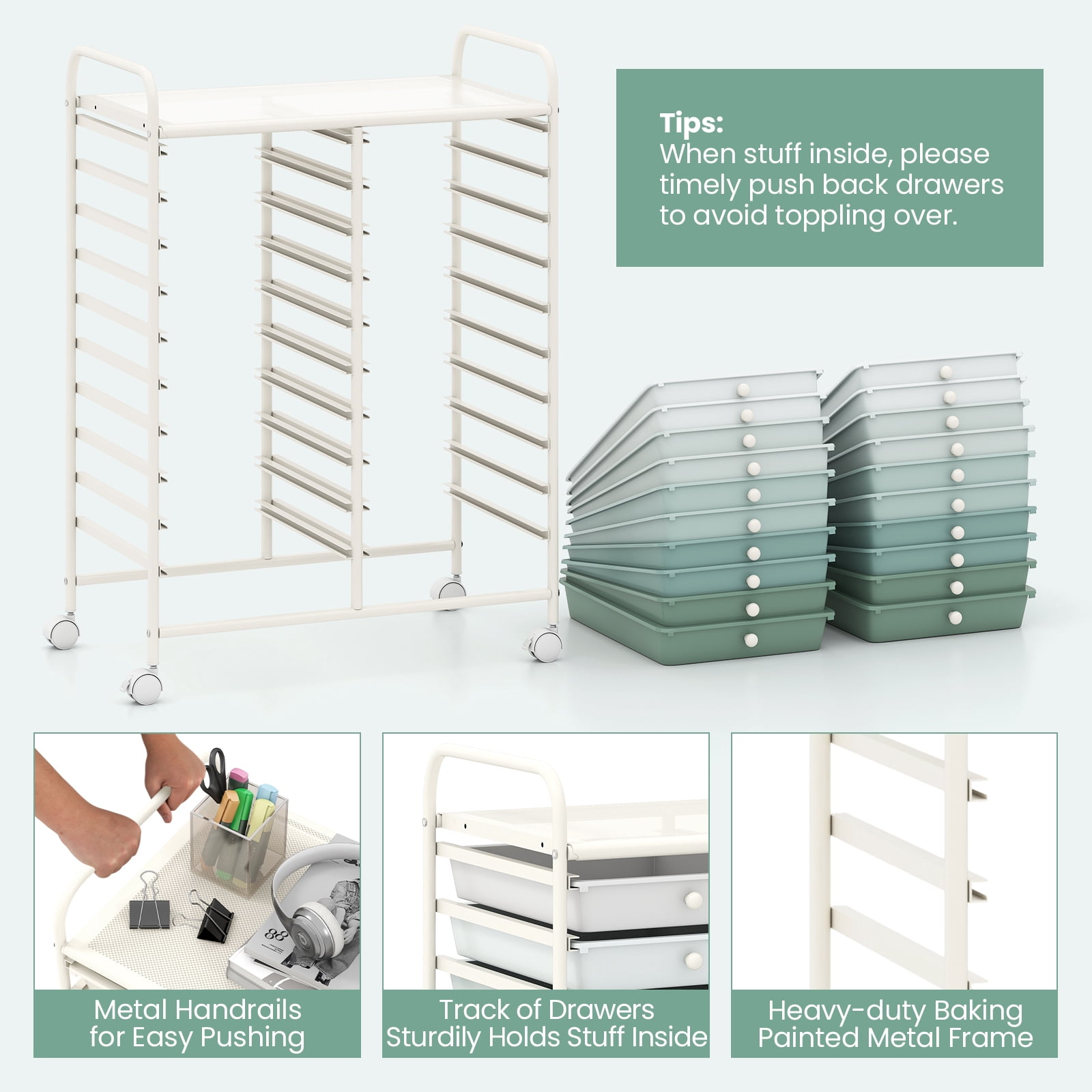 Costway 20-Drawer Rolling Art & Craft Storage Cart with Removable Drawers & Metal Frame,Lockable Wheels Gradient Green