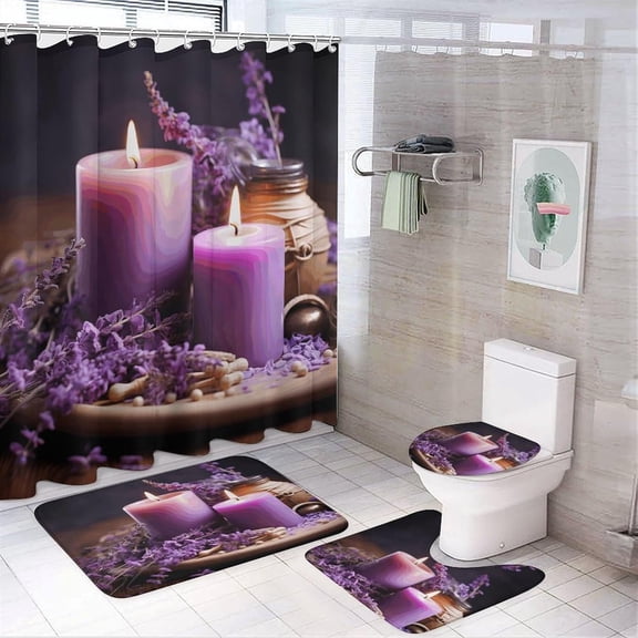 Bathroom Set, Purple Lavender with Candles Printed Bathroom Set,Bathroom Set 4-Piece Set,Bathroom Set with Shower Curtain Sets and Carpet