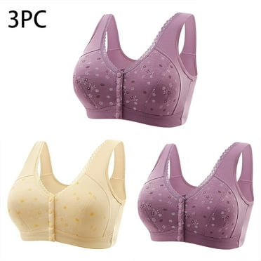 BVOFAR Daisy Bras for Older Women No Underwire Front Closure Bra Plus Size Full Coverage Bras Soft Cotton Everyday Bra 3 Pcs