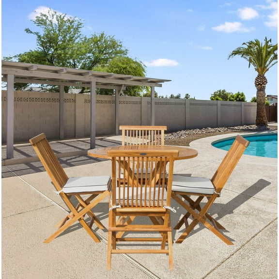 5 Piece Teak Wood Long Beach 47" Round Folding Table with 4 Folding Side Chairs