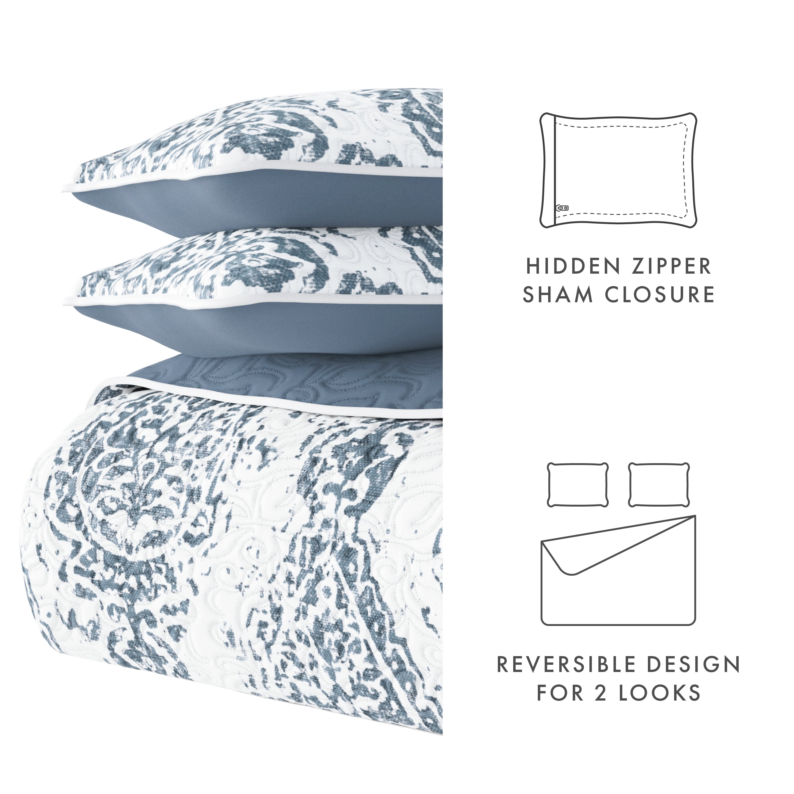 Noble Linens Dusk Blue 3 Piece Distressed Damask Reversible Print Quilt Set, Queen / Full