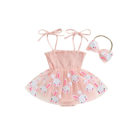 Bslissey Baby Girls Easter Tie Up Romper Dress Sleeveless Bunny Print Mesh Tulle Skirt Ruched Bodysuit Infant Toddler Summer A-line Dress with Headband 0-24 Months