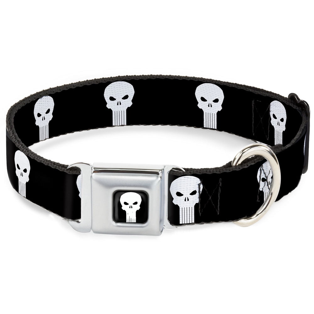 Dog Collar Seatbelt Buckle Punisher Logo3 Black White 20 to 31 Inches 1