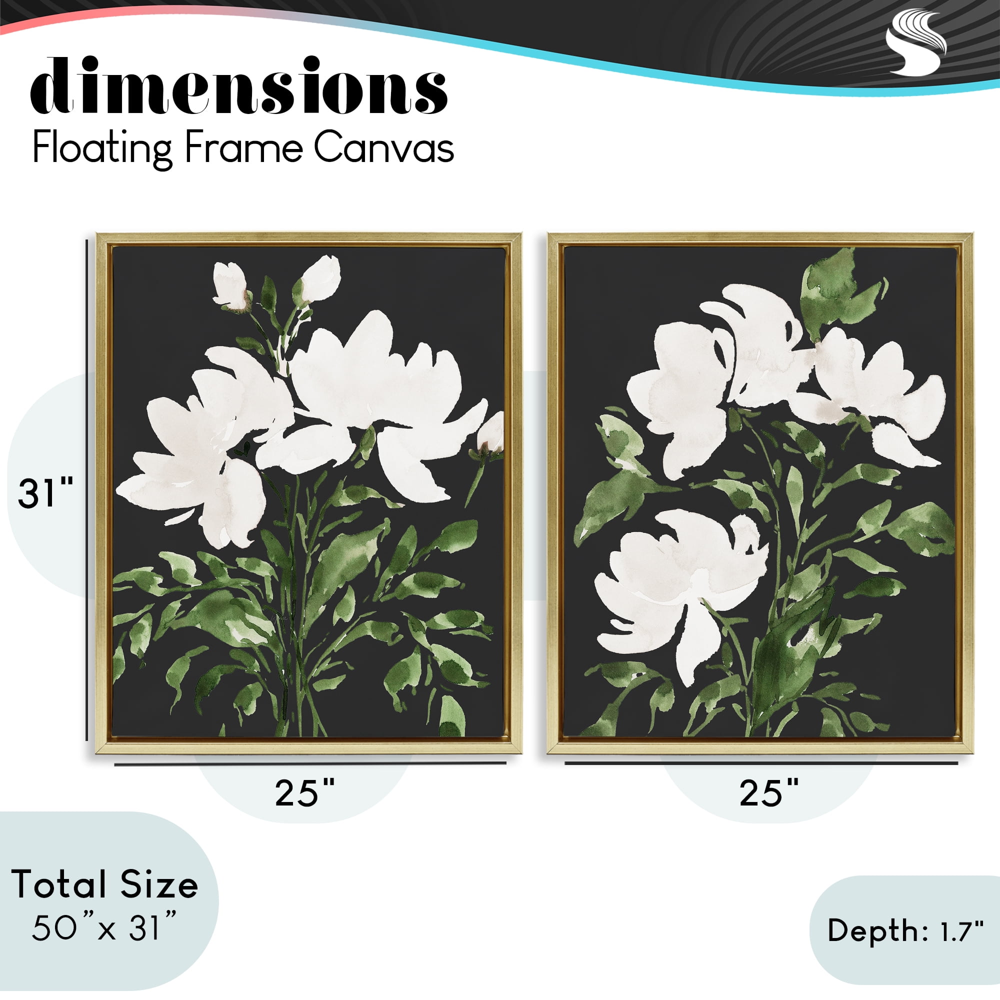 Stupell Industries White On Black Blooms 2 Piece Gold Framed Floater Canvas Set, design by Lucille Price