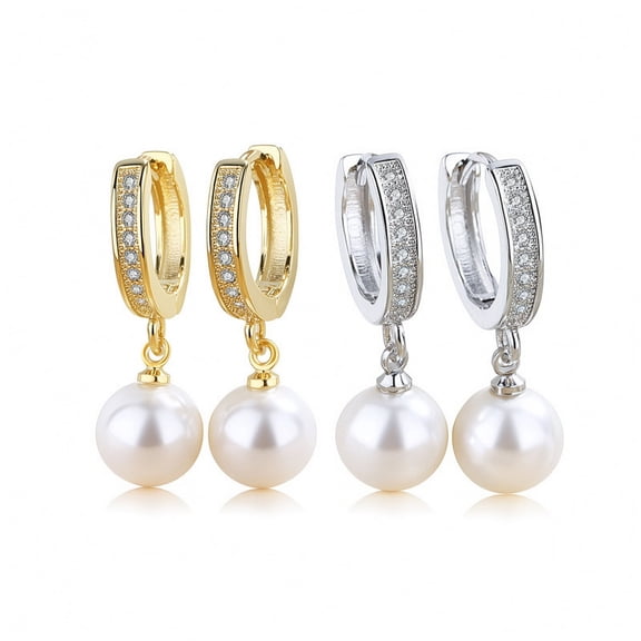 Pearl Drop Earrings for Women, 2 Pair Huggie Hoop Dangle Earrings, Gold and Silver Tone, Cubic Zirconia Pearl Jewelry Set
