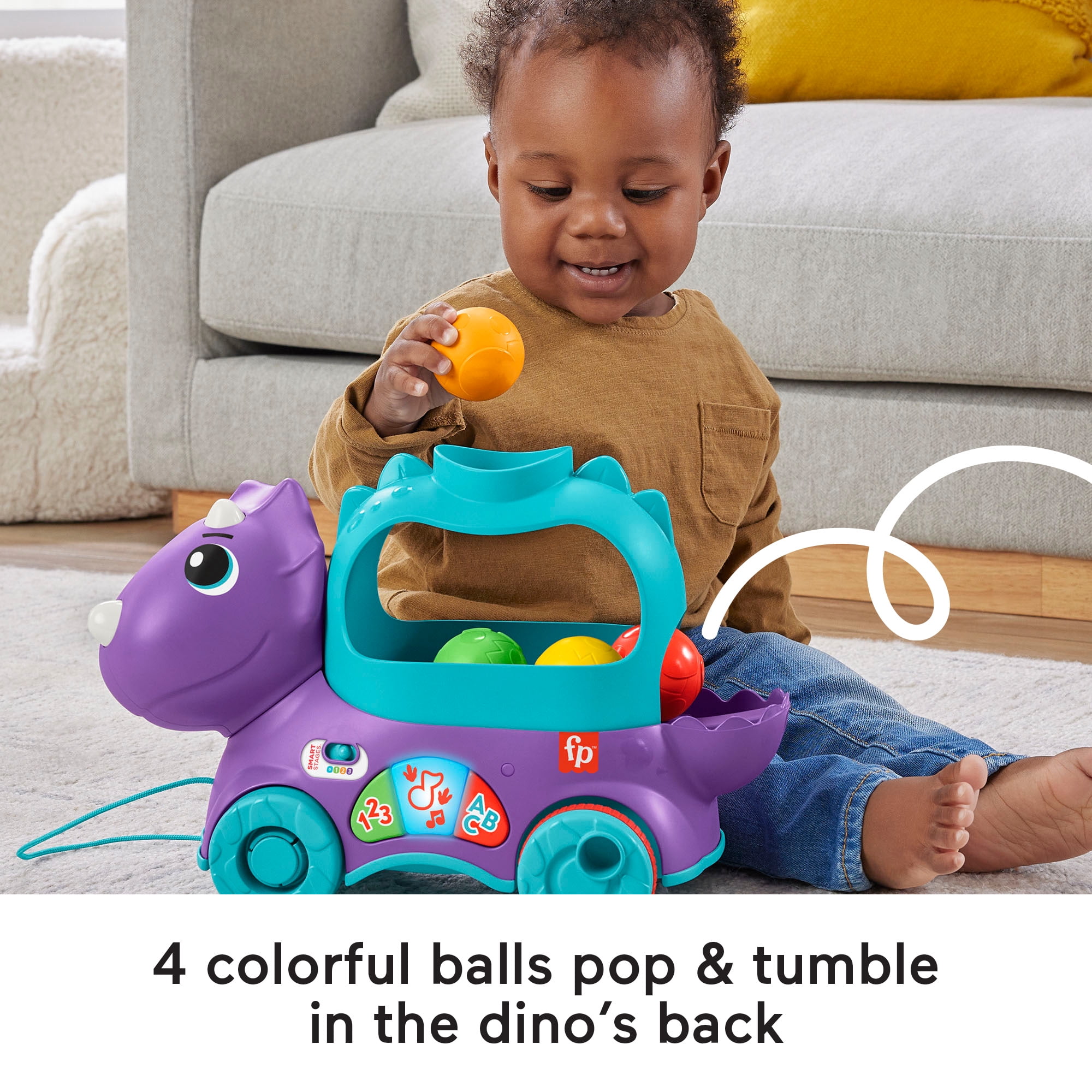 Fisher-Price Poppin’ Triceratops Dinosaur Interactive Musical Learning Toy for Toddlers, 4 Balls