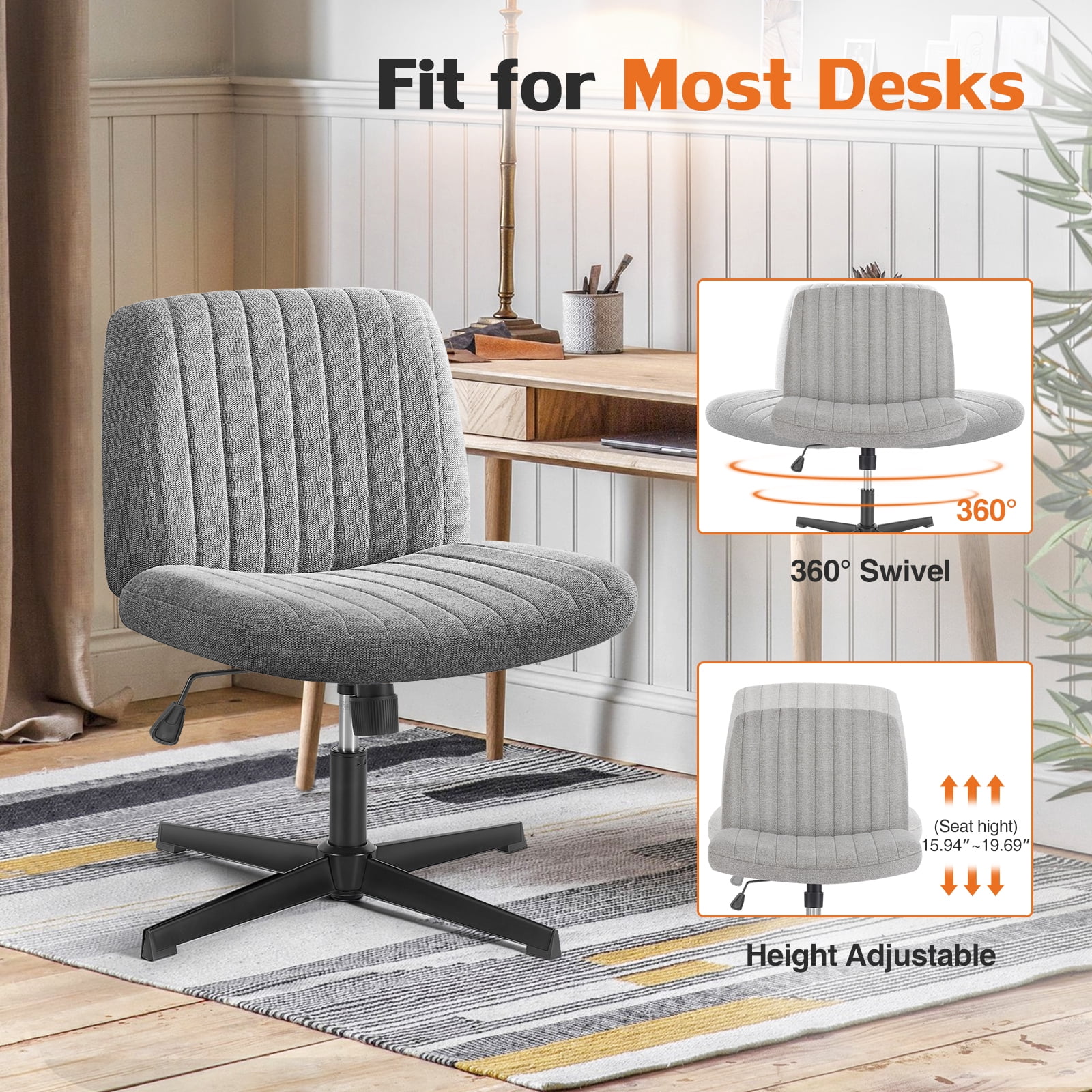MAYEERTY Armless Criss Cross Chair Office Chair Vanity Chair for Home Office，Gray