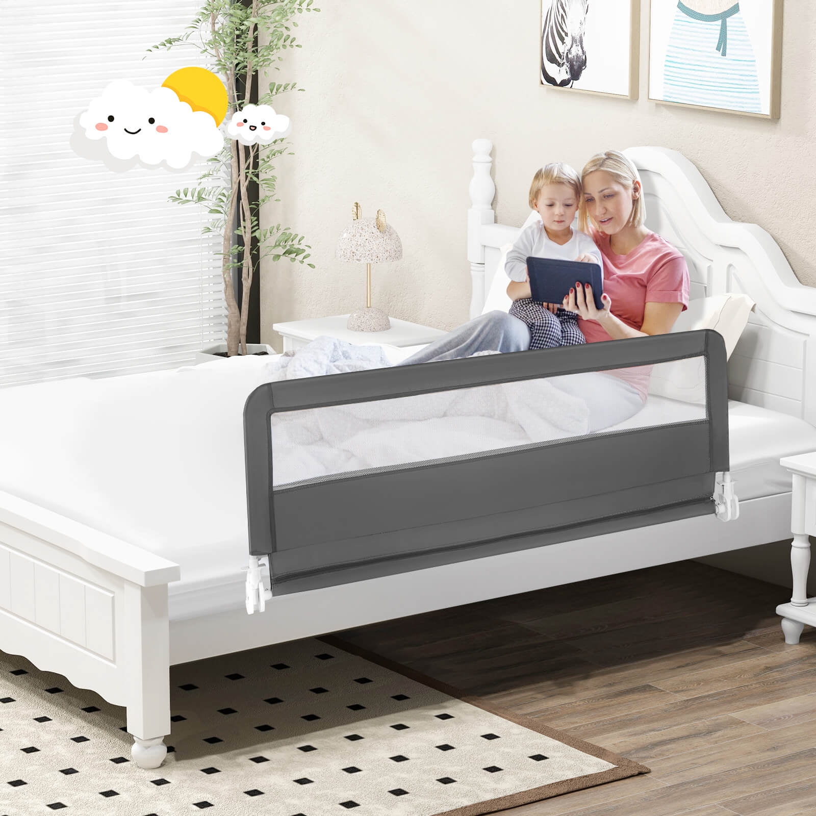 Infans 59" Breathable Baby Children Toddlers Bed Rail Guard Safety Swing Down Gray