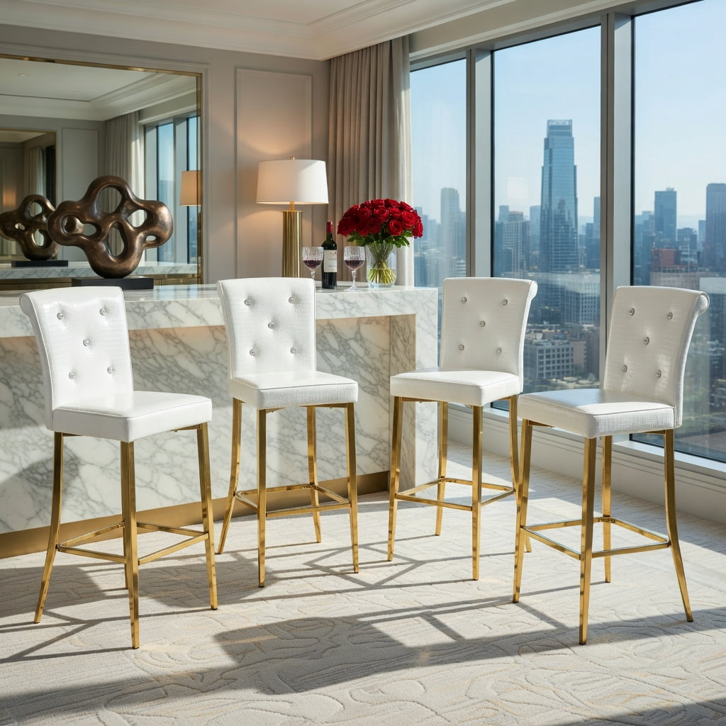 Hommoo 2-Pack Vintage Faux Crocodile Bar Chairs with Crystal Buckle Accents, Waterproof PVC Leather, Easy Assembly, White