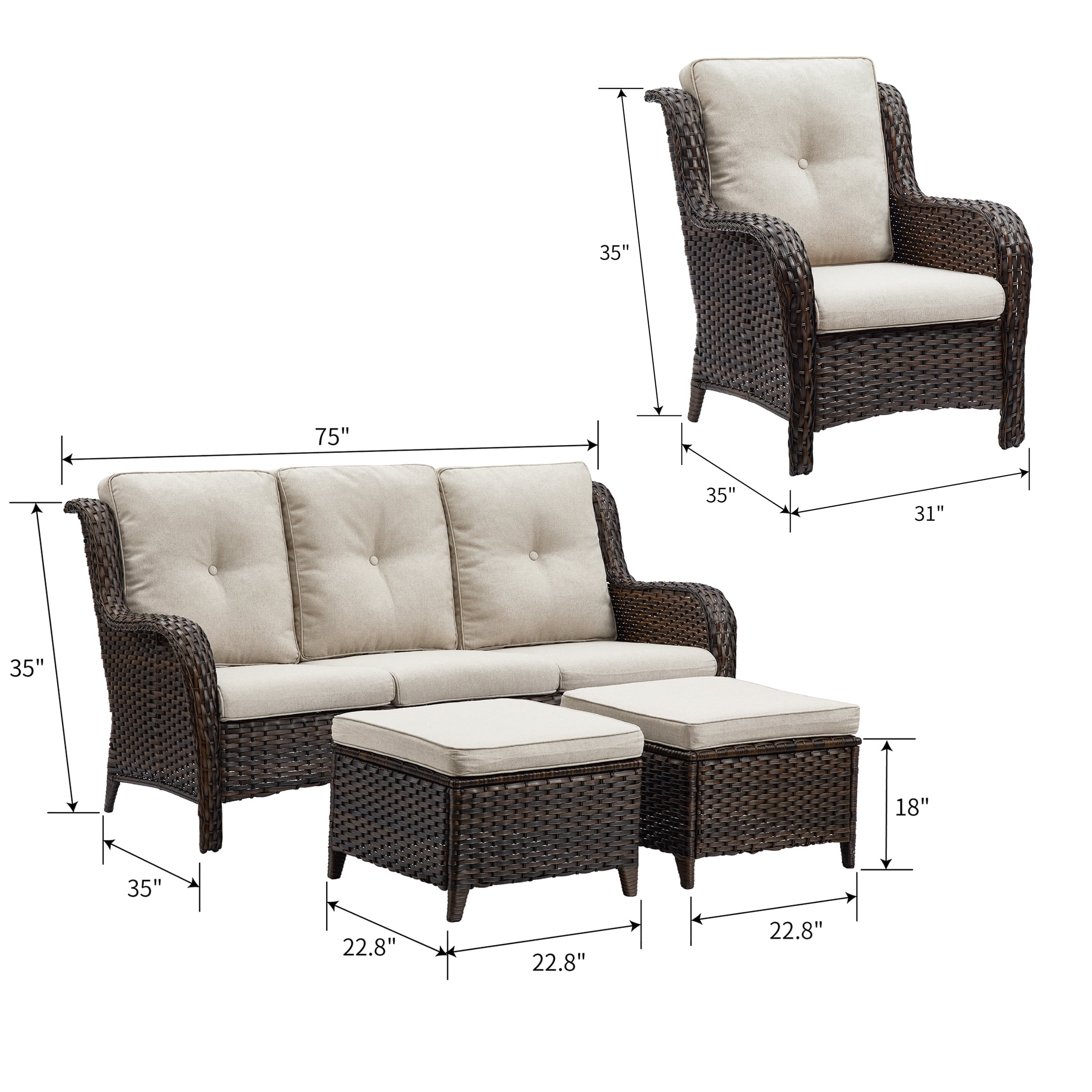 PARKWELL Outdoor Patio Wicker Furniture Set 5 Piece Sectional Sofa Set with 3 Seat Sofa 2 Chairs and 2 Ottomans Brown Wicker and Beige Cushion Walmart