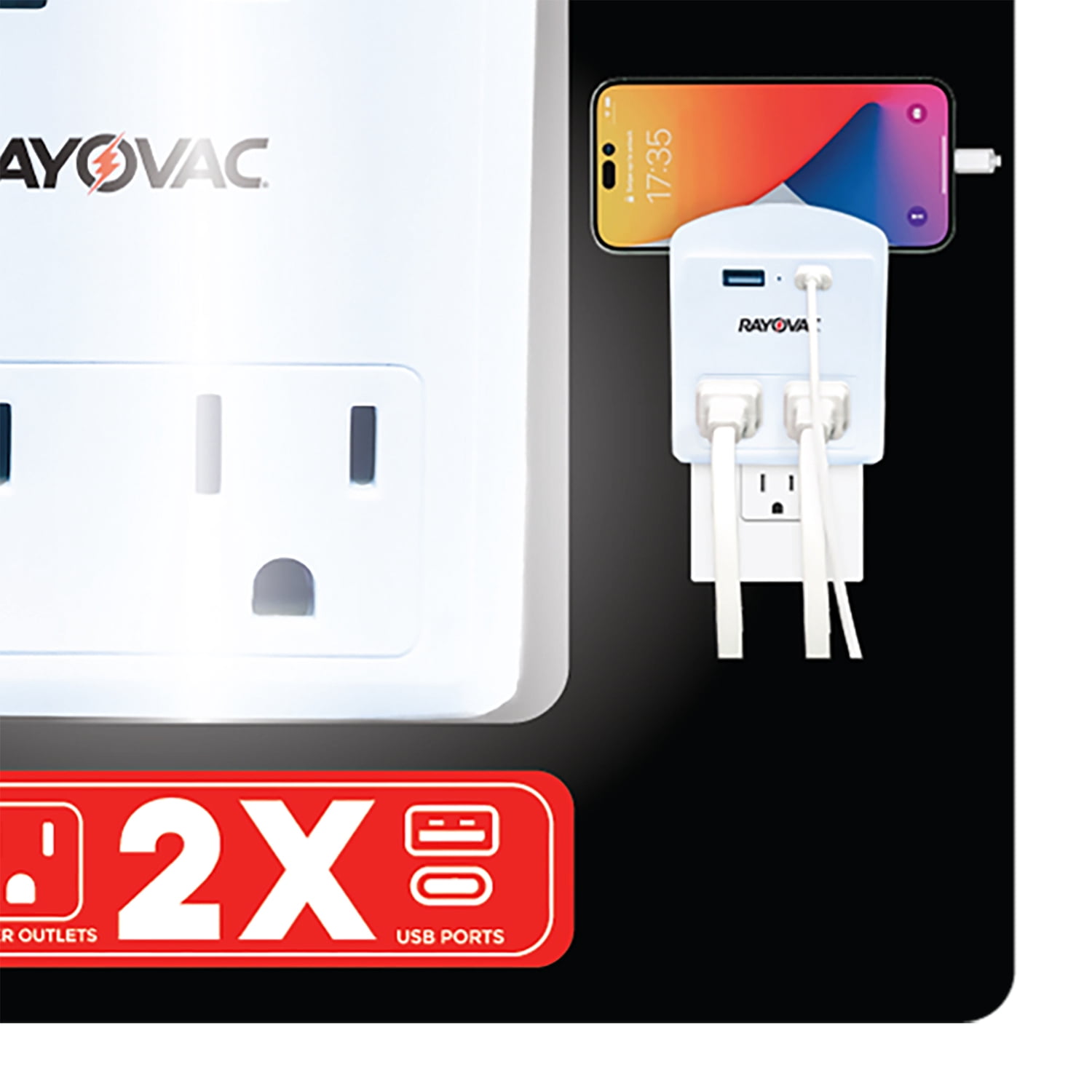 RAYOVAC Portable Surge Protector Wall Tap with Phone Holder, AC Outlets and 2 USB Ports (2 Outlet), SS-Q301C