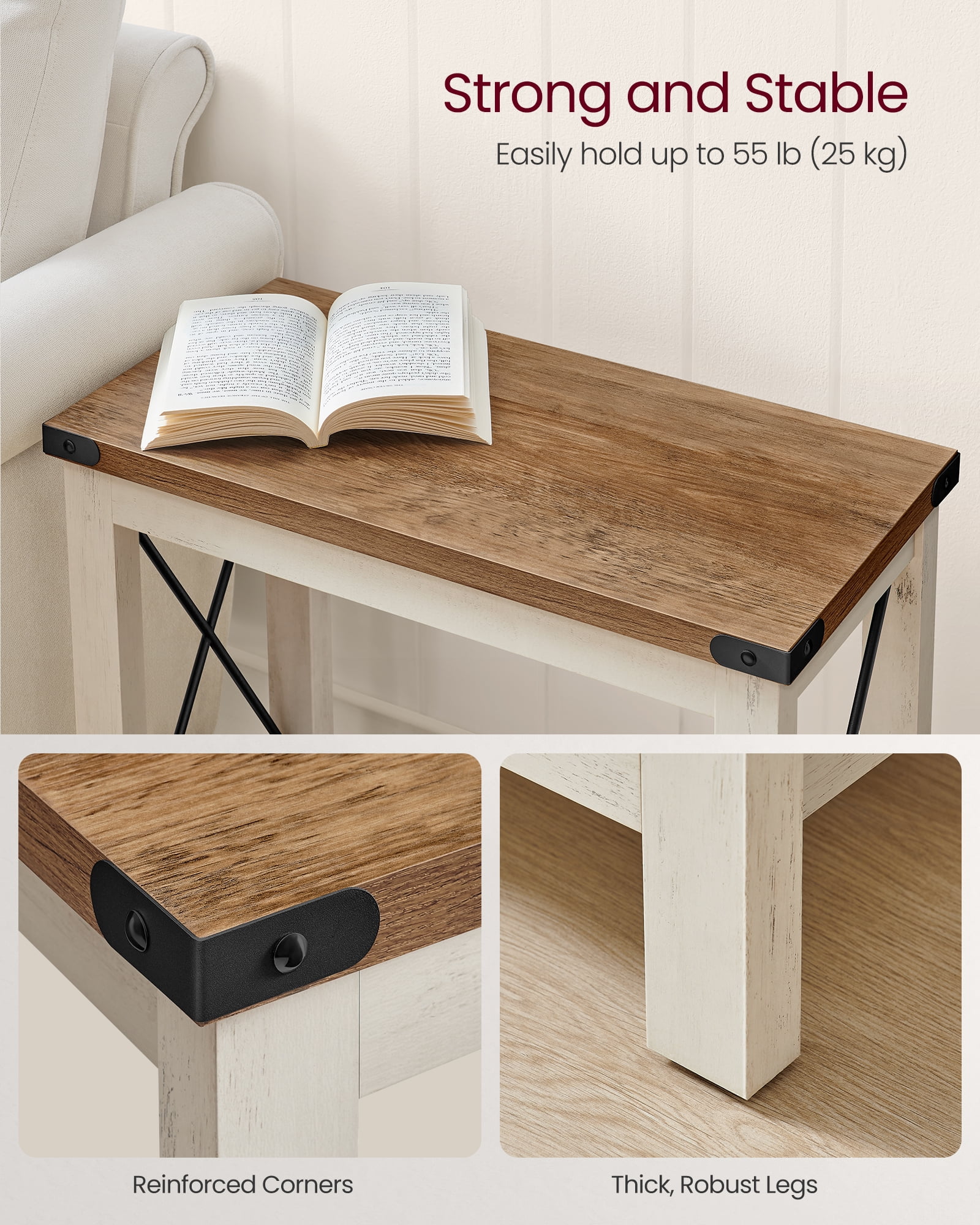 2-Tier End Table with Lower Shelf, Small Accent Table Nightstand, Rustic Farmhouse Design, Sturdy Wooden Construction – Honey Brown & White