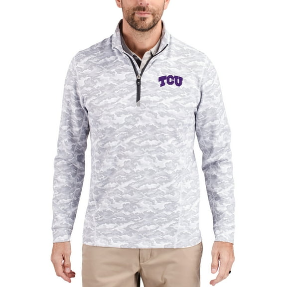 Men's-Cutter & Buck  Gray TCU Horned Frogs Traverse Stretch Eco Camo DryTec Tri-Blend Quarter-Zip Pullover