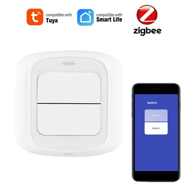 ZigBee 3.0 Contrôleur de Scène Intelligent avec 2 Boutons, Télécommande Sans Fil Contrôlée par Application pour la Domotique (Lampes, Rideaux, Appareils), Matériau ABS Blanc, Nécessite Passerelle E16411-3, Sans Pile