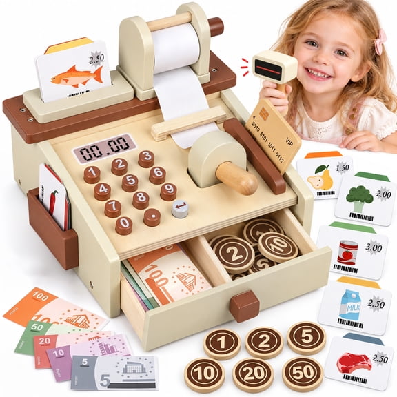 UUSUOO Cash Register for Kids, Pretend Play Cash Register Toys with Scanner & Play Money, Wooden Montessori Toys, Christmas Birthday Gift for Boys Girls Ages 3 